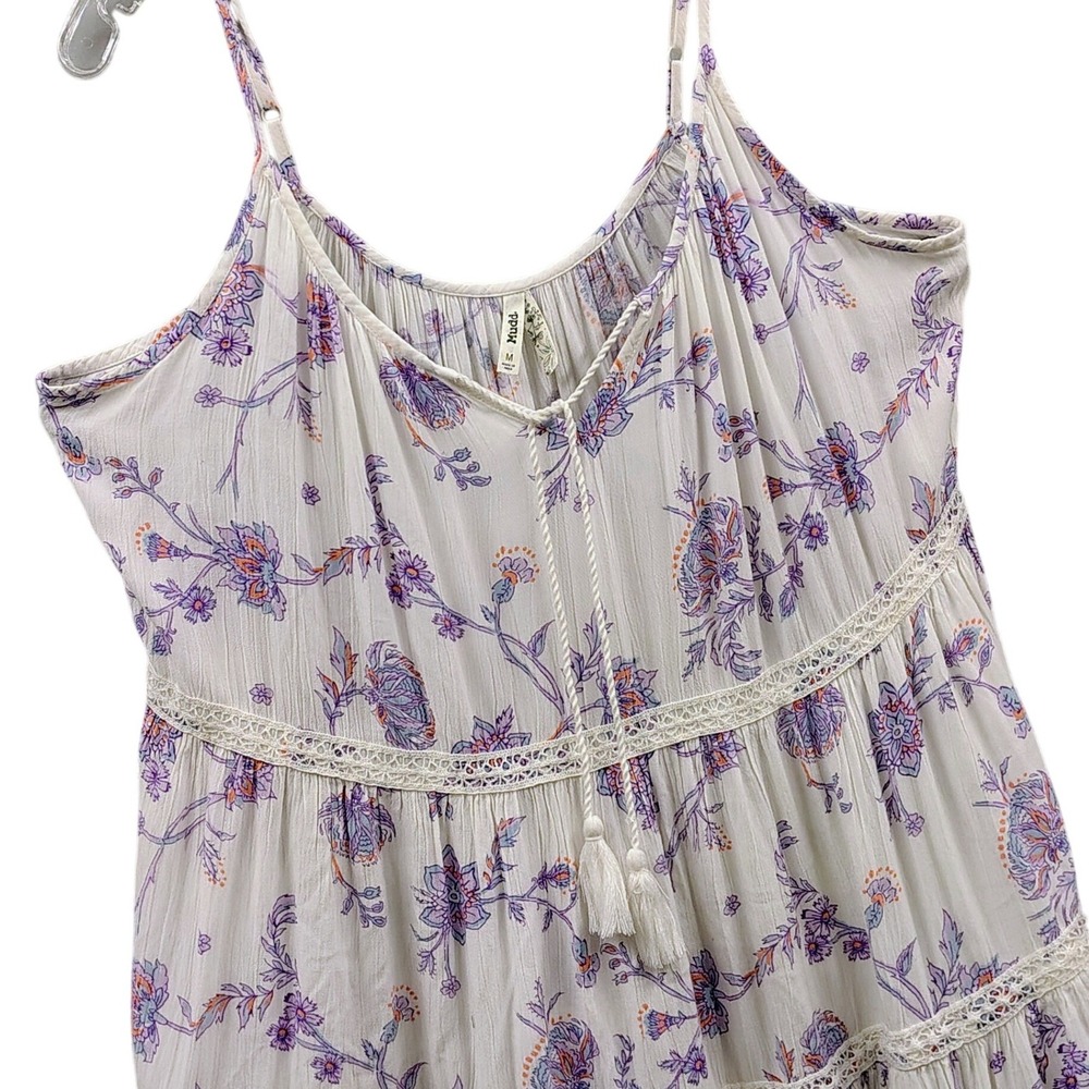 Mudd Womens Medium Boho Floral Tiered Mini Dress White Purple Lace V-Neck Tassel